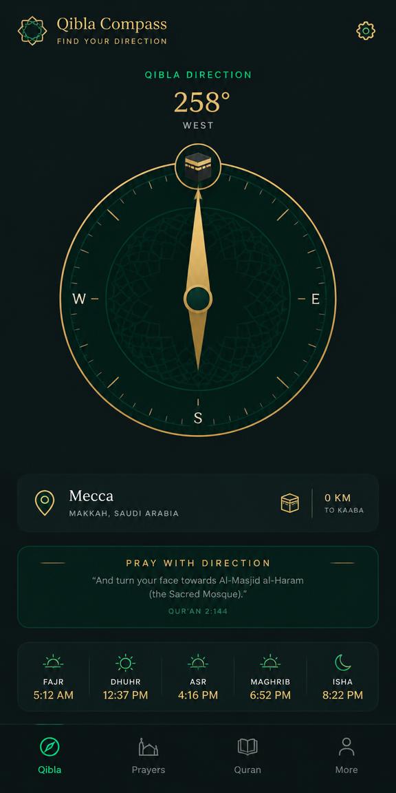 Qibla compass screen in dark mode